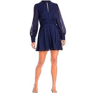 Aqua Womens Navy Mock Neck Sheer Striped Long Sleeve Ruched Mini Dress SZ M EUC